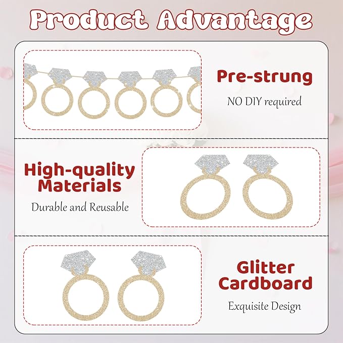 Ring Banner Bachelorette Party Decorations, Pre-Strung Bridal Shower Decorations, Glitter Engagement Party Decorations, Wedding Banner for Wedding Couples Shower Married Signs Backdrop
