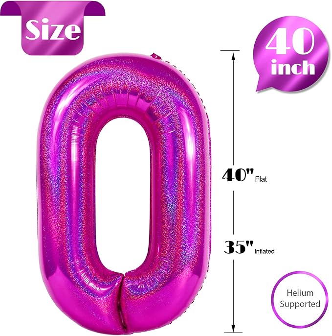 Laser Hot Pink Number Balloon 40 Inch, 0 Number Balloons, 10 20 30 40 50 Numbers Balloon Birthday Decorations, Party Supplies for Women