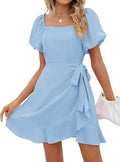 Sampeel Womens Summer Dresses Square Neck Puff Sleeve Tie Waist Short Dress