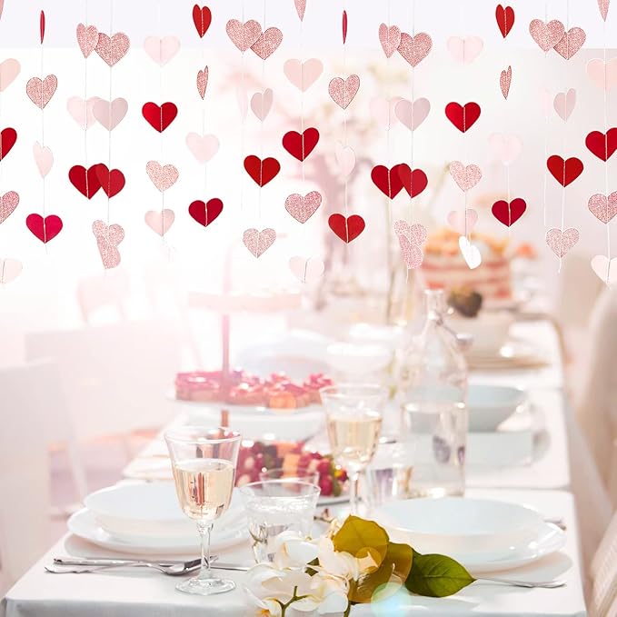 Rose-Gold Pink Burgundy-Red Party Decorations Heart Garland 4 Pack 40 Feet Heart Paper Streamers Banner for Valentines Day Mothers Day Engagement Wedding Hanging Party Decoration