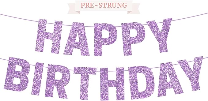 Pre-strung Happy Birthday Banner - No DIY - Purple Glitter Happy Birthday Party Banner for Girls & Women - Pre-strung on 8ft Strands - Light Pastel Purple Bday Party Decorations. Did We Mention No DIY