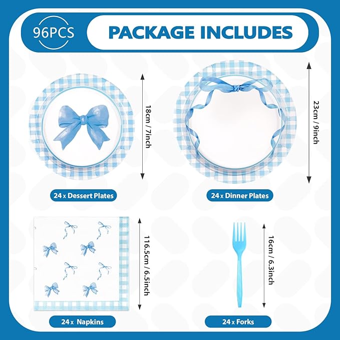 96Pcs Blue Bow Birthday Decorations Blue and White Gingham Plaid Plates and Napkins Sets Coquette Party Decorations for Girls Boys Baby Shower Summer Picnic BBQ Barbecue Party Supplies Serve 24
