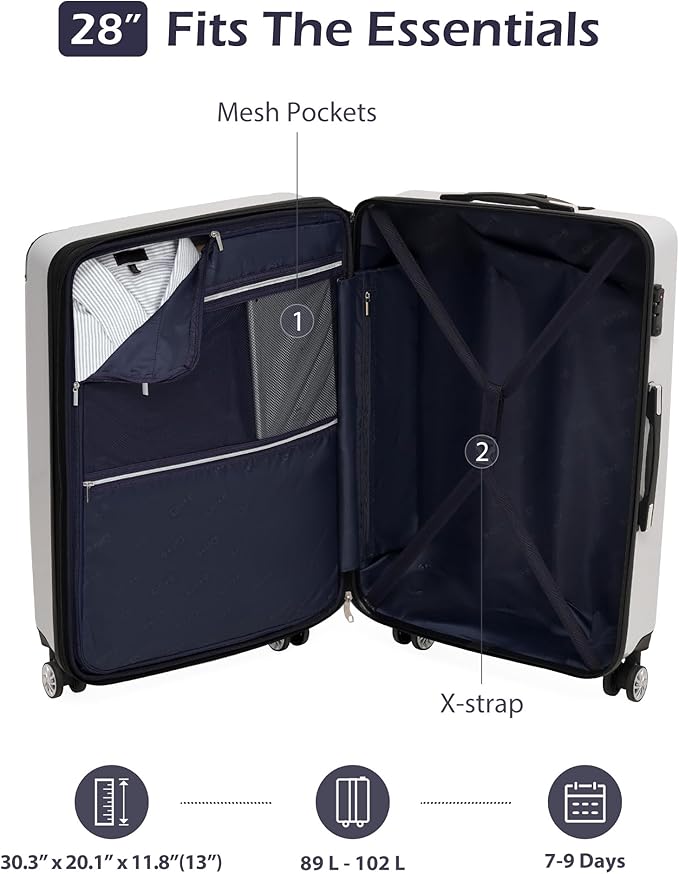 Coolife Luggage, Suitcase with Durable and Lightweight, Large Checked Luggage with PC+ABS Hardshell Expandable, Dual Spinner Wheels, TSA Lock, and YKK Zipper (white grid new, L(28in))