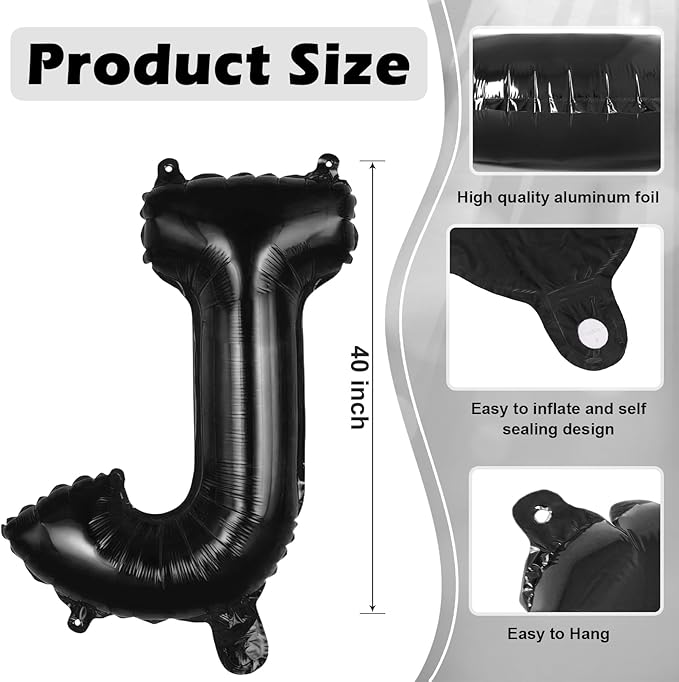 Black Letter J Balloons, 40 Inch Large Foil Letter Balloons, Custom Phrase Balloon for Birthday Party Wedding Anniversary Decoration (Black J)