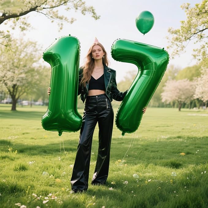 40 Inch Green Number 17 Digital Balloon,Jumbo Mylar Foil Helium Balloon for 17 Balloons for Birthday Party,Wedding Anniversary Party Decorations