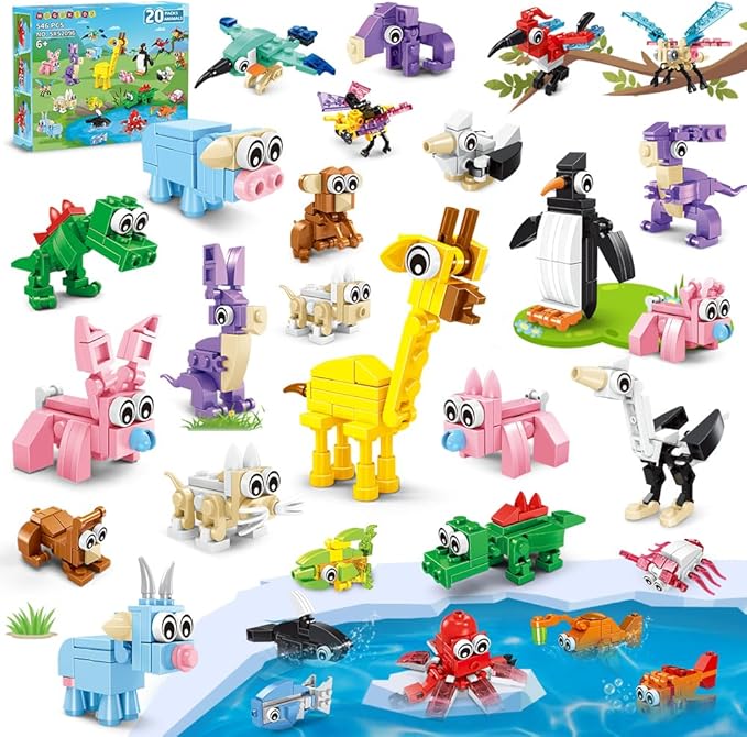 HOGOKIDS 20 Packs Party Favors for Kids, 60 Kinds of Mini Animals Toy Building Block Set for Easter Valentines Day Classroom Prizes Goodie Bag Stuffers Birthday Gifts for Boys Girls Ages 6-12+