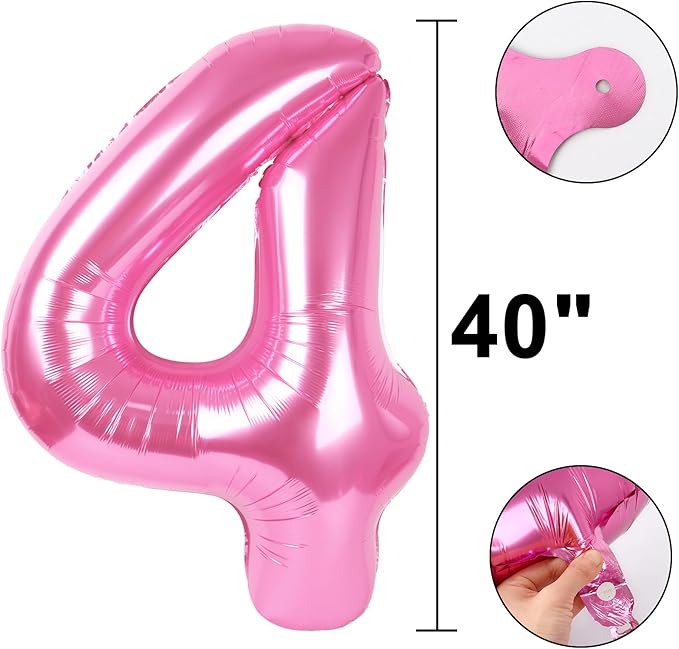 Pink Number 4 Balloon 40 Inch, Big Large Foil Helium Number Balloons,Jumbo Giant Mylar Self Inflating Number 0 Balloons for Birthday Party Decorations Supplies