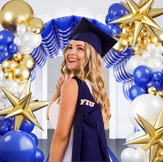Royal Blue and Silver Checkered Square Foil Balloons Backdrop Wall, Double Sided Tunnel with Dark Blue White Gold Balloon Arch Garland Kit for Birthday Graduation New Year Graduation Party Decoration