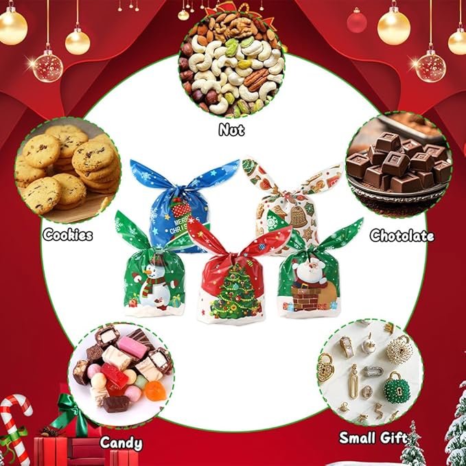 Christmas Treat Bags, 100 Pcs Xmas Plastic Cellophane Goodie Candy Cookie Rabbit Ears Gift Bag, Plastic Snack Goody Present Wrapping Bag for Christmas Holiday Event Party Favors Decoration (5 Designs)