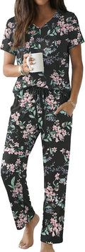 Ekouaer 2 Piece Womens Pajamas V Neck Short Sleeve Top and Long Pants Pjs Print Lounge Set Sleepwear