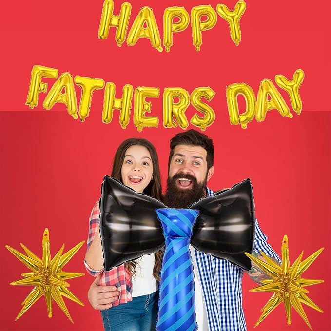 Gold Happy Fathers Day Balloons Foil Father's Day Balloons Tie Necktie Balloon Letter Bow Star Balloon for Happy Father's Day Themed Party Fathers Day Supplies Decorations Ballons Sets-19 PCS