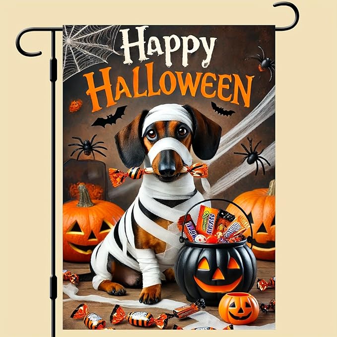 Halloween Garden Flag Mummy Dog Pumpkin Candy Bucket 12x18 Inch Double SidedOutdoor Yard Banner for Trick or Treat Haunted House Spooky Small Holiday Decoration Decor