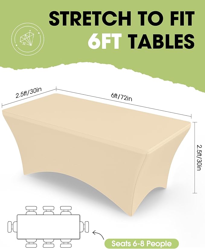 Pureegg Spandex Tablecloth 6ft - 6 Pack, Fitted and Stretch Table Cover for Rectangle Tables, Wrinkle-Resistant and Secure Fabric for Outdoor, Picnic, Party, Wedding, Banquet and Birthday, Champagne