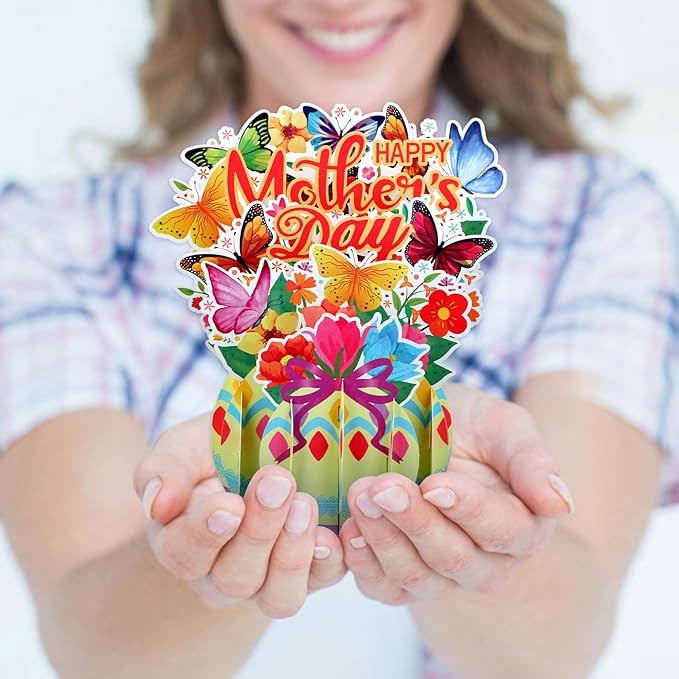 FaCraft Pop Up Mothers Day Cards - Large 7.8" Handmade Happy 3D Mothers Day Card with Butterflies & Flowers - Unique Standing Art Sculpture for Mom Grandma Wife - with Envelope