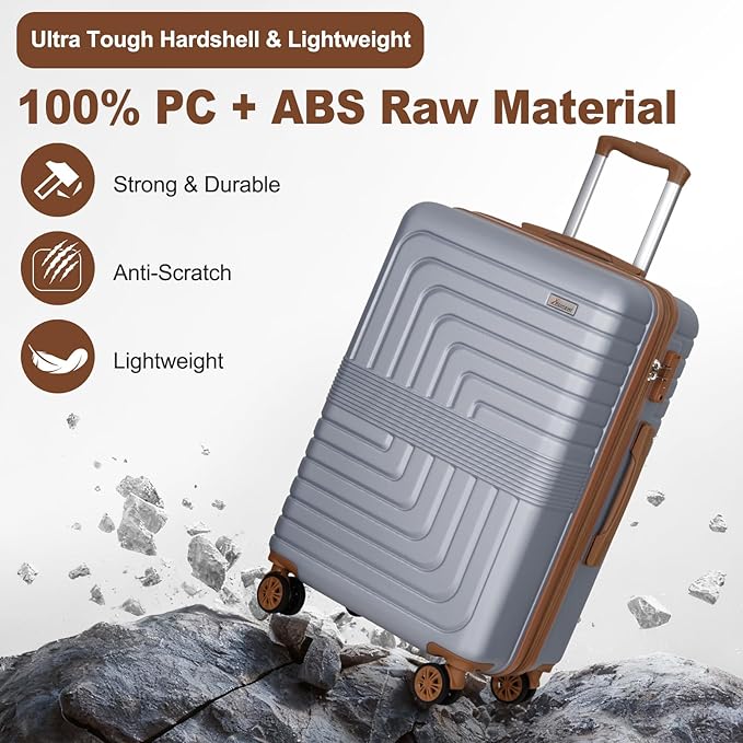 Romswi 3 Piece Luggage Sets, Expandable PC+ABS Hardshell Suitcase Set with TSA Lock YKK Zipper and Dual Spinner Wheels, Large Checked Travel Suitcases, 20/24/28 Inch, Silver