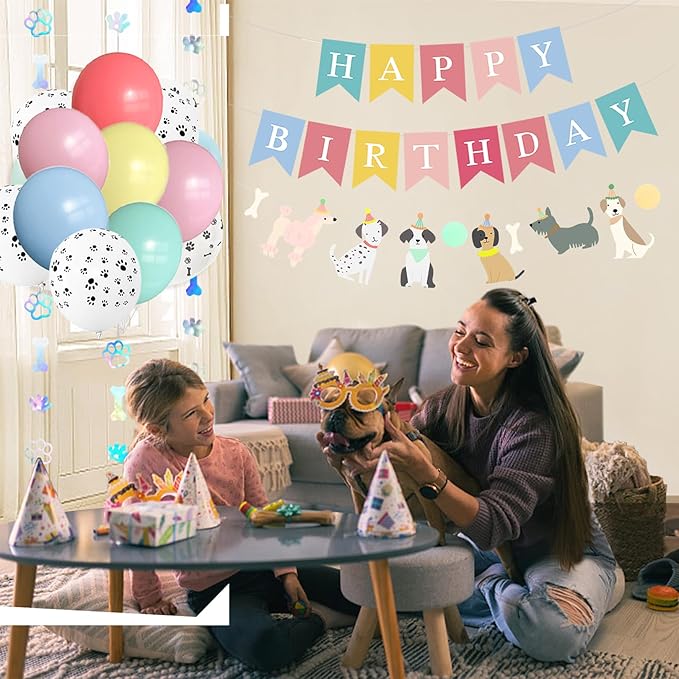 Happy Birthday Dog Banner Latex Balloon Paw Party Decorations Kid's Birthday Decorations for Boys Girls Baby Shower Party Supplie (Banner+Latex Balloon)
