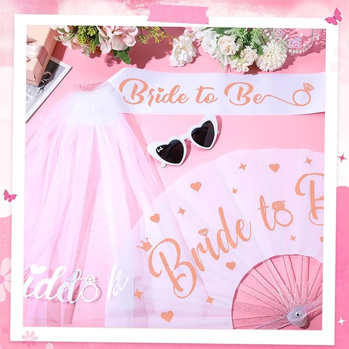 JaGely 4 Pcs Bachelorette Party Decoration Includes Bride to Be Sash and Veil, Glitter Bride Fan and Heart Shaped Sunglasses for Bridal Shower Decorations Bachelorette Party Accessories Favors
