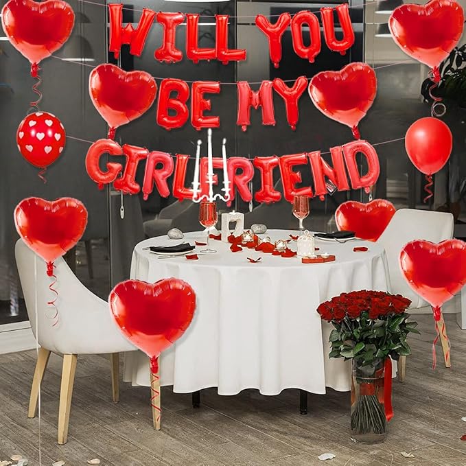 2 Set 16 Inch Will You Be My Girlfriend Balloons Banner, Red Proposal Letter Balloons with 10 Heart Shaped Balloon for Romantic Decorations, Engagements, Anniversaries, Valentines Day Decor
