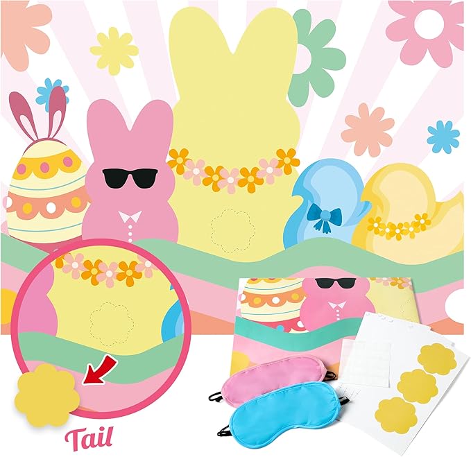 Pin The Tail On The Bunny Game Happy Easter Chick Large Poster with 24 Pcs Stickers Blindfolds Fun Classroom Entertaining Activity for Spring Egg Hunt Birthday Party Decorations Wall Decor