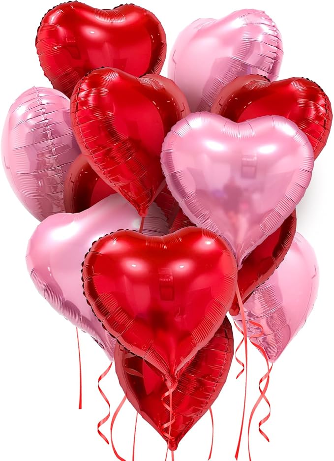 Pink Red Heart Balloons, 20 Pcs 18 Inch Heart Shaped Foil Balloons Galentines Balloons for Girls Birthday Wedding Anniversary Engagement Party Valentines Day Decorations