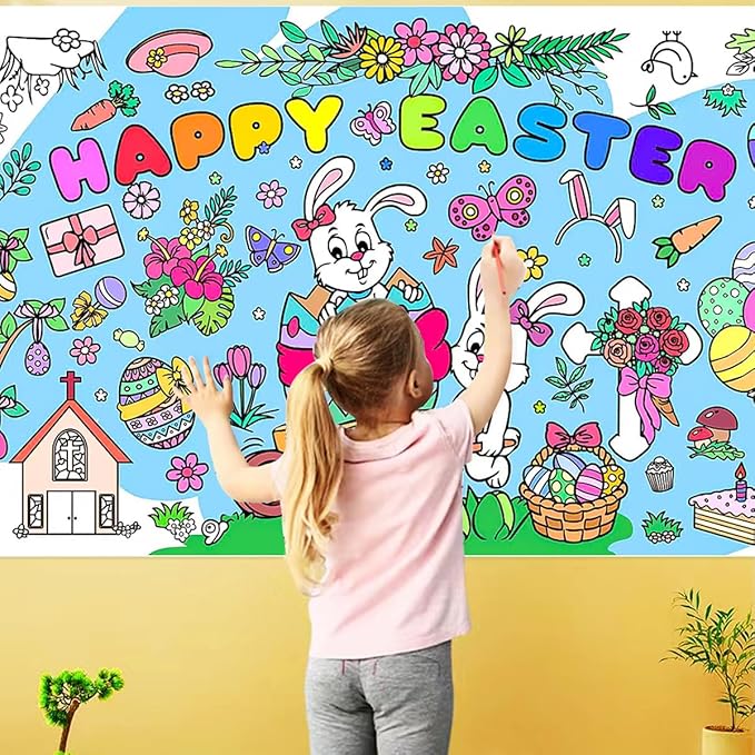 JUNQIU Easter Coloring Tablecloth for Kids, 72 * 31Inch Giant Color Poster - Easter Games, Activity, Party, Painting Crafts for Kids