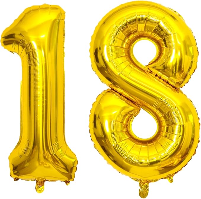 Large Gold 18 Number Balloons, 40 Inch Jumbo Number 18 Balloon, Gold Foil Mylar Balloons for Girl Sweet 18th Birthday Party, Anniversary Decorations