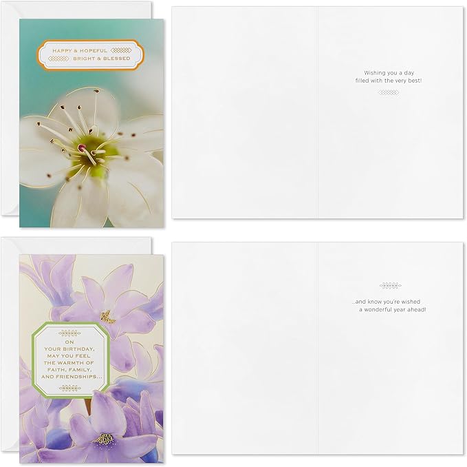Hallmark Spiritual Birthday Card Assortment (16 Floral Cards with Envelopes, 4 Designs) Bright and Blessed