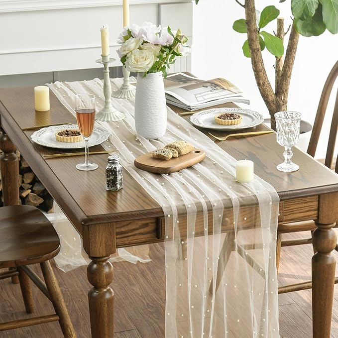 Artoid Mode 10PCS Pearl Beige Gauze Table Runner 120 Inch 10FT, Seasonal Sheer Dining Holiday Wedding Birthday Baby Shower Table Decor for Home Party