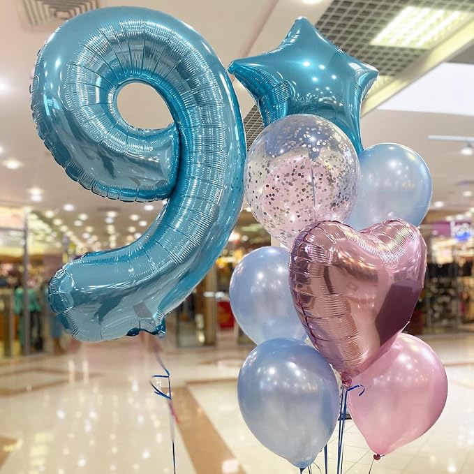 40 Inch Light Blue Number Balloon 9, Large Baby Blue Number 9 Balloons for Birthday Party Decorations, Blue Foil Mylar Birthday Balloons
