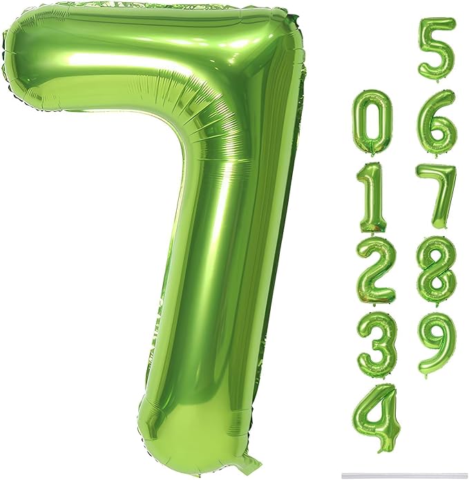 40'' Green Number 7 Balloons, Giant Self Inflating Foil Number Balloons Set 0-9, Large Digital 7 Helium Balloon for Girls Boys 7th Jungle Birthday Party Decorations Anniversary Photo Shoot Supplies