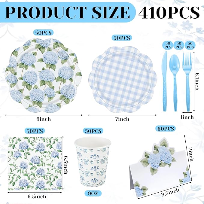 Shellwei 410 Pcs Blue Hydrangea Tea Party Decorations Elegant Floral Paper Plates and Napkins Set Disposable Party Tableware Sets with Cups Knives Forks Spoons Seat Card Favors for 50 Guests