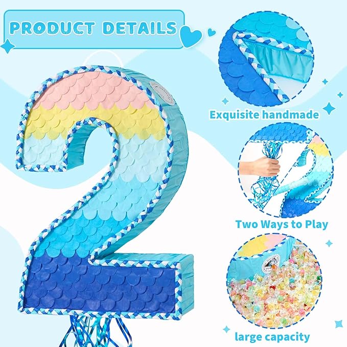 WERNNSAI Number 2 Piñata - Ombre Blue Two Piñata with a Blindfold and Bat Birthday Party Game for Kids Boys Girls 2nd Birthday Party Decorations （16.3" x 11.4" x 3")