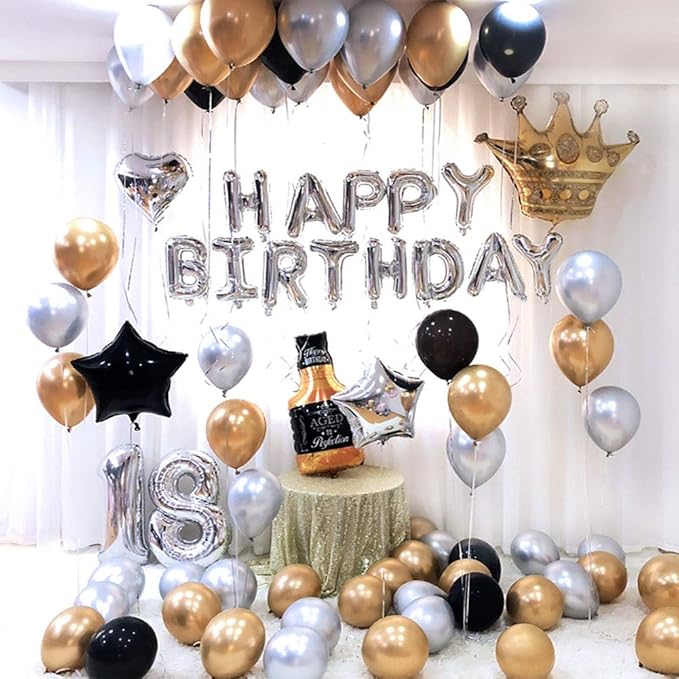 KALOR Silver and Black Happy Birthday Balloons Kit with 16 Inch Mylar Foil Letters Balloon and Star Balloons for Birthday Party Decorations Photo Booth Backdrop