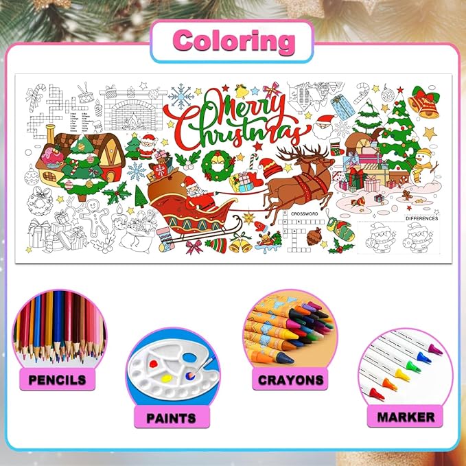 JUNQIU Christmas Coloring Tablecloth for Kids, 72 x 31Inches Giant Coloring Poster Banner - Christmas Crafts, Activities for Kids, Paper Color Tablecloths