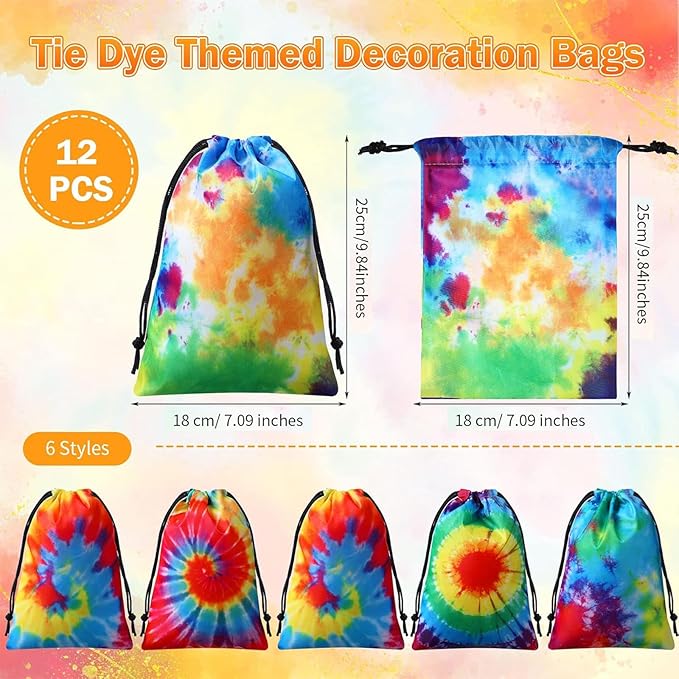 24 Pcs Tie Dye Party Favor Bags Drawstring Birthday Gift Bag Candy Goodie Treat Bag Colorful Snacks Bag, Polyester Wrap Bags for Retro Tye dye Beach Party Decor School Supplies (9.8 x 7.1 Inch)