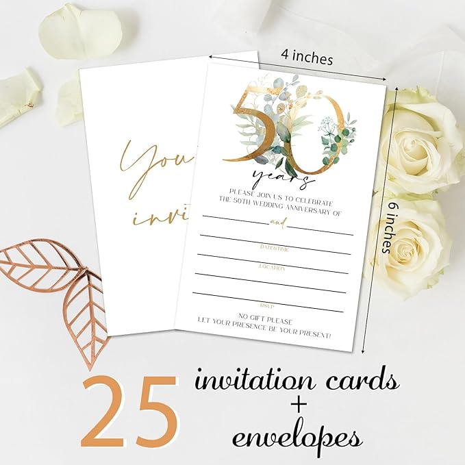 Greenery 50th Wedding Anniversary Invitations, 50th Anniversary Invites, Wedding Party Supplies, 25 Pcs Cards & Envelopes /10