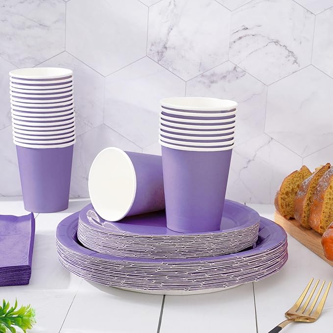 Whaline 100Pcs Lavender Tableware Set Graduation Light Purple Disposable Dinnerware Set 50Pcs Paper Plates 25Pcs Napkin 25Pcs Cups for School Wedding Birthday Bride Shower Party Supplies Table Decor