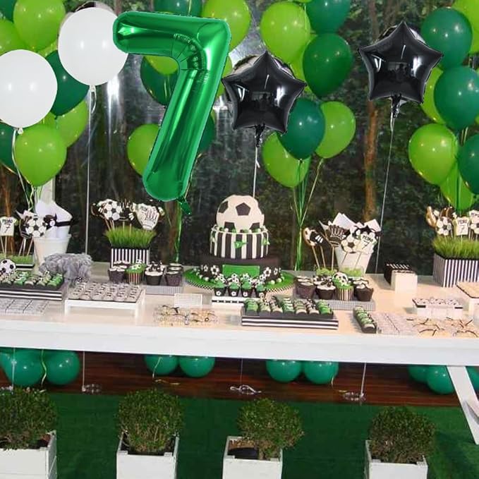 TONIFUL 32 Inch Soccer Balloons Set 7th Birthday Decoration Green Number 7 Foil Soccer Balloon Black Star Balloons for Children's Boys Birthday Party Football Themed Party Supplies