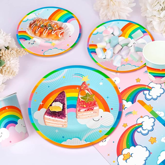 20 Guests Rainbow Birthday Party Tableware, Include Colorful Plates Cups Napkins Tablecloth etc Rainbow Birthday Party Decorations