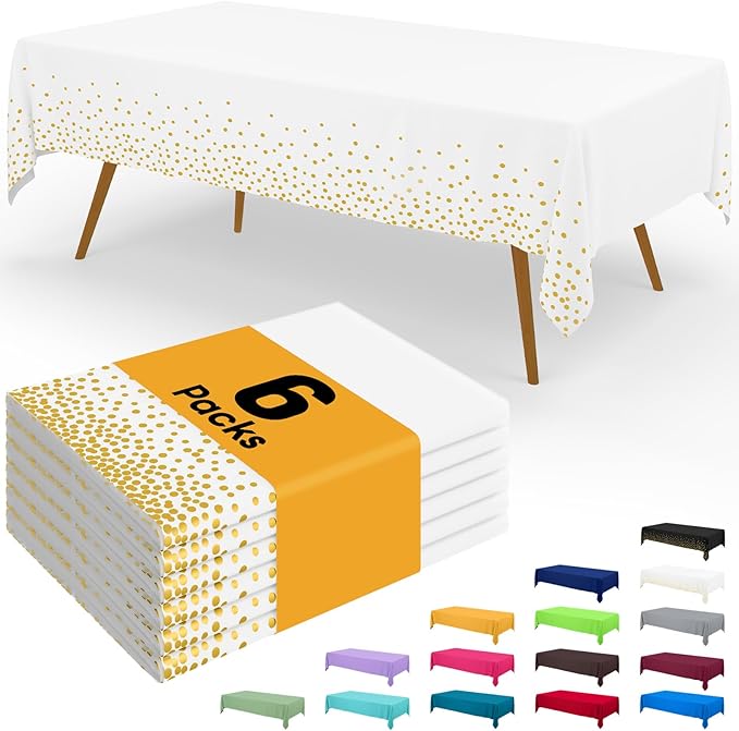 Smiry Disposable Table Cloth - 6 Pack, 54 x 132 Inch Waterproof Rectangle Tablecloths for New Years, Decorative Plastic Table Cover, Leakproof & Sturdy, White & Gold