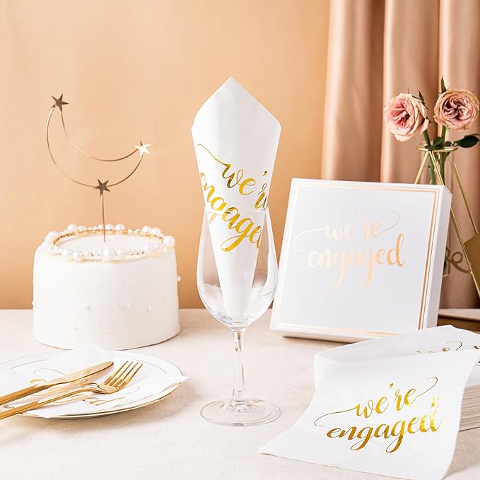 WRAPAHOLIC 50Pcs Gold We're Engaged Napkins - 3 Ply Disposable Paper Luncheon Napkin for Tableware Party Supplies - 6.5 x 6.5 In
