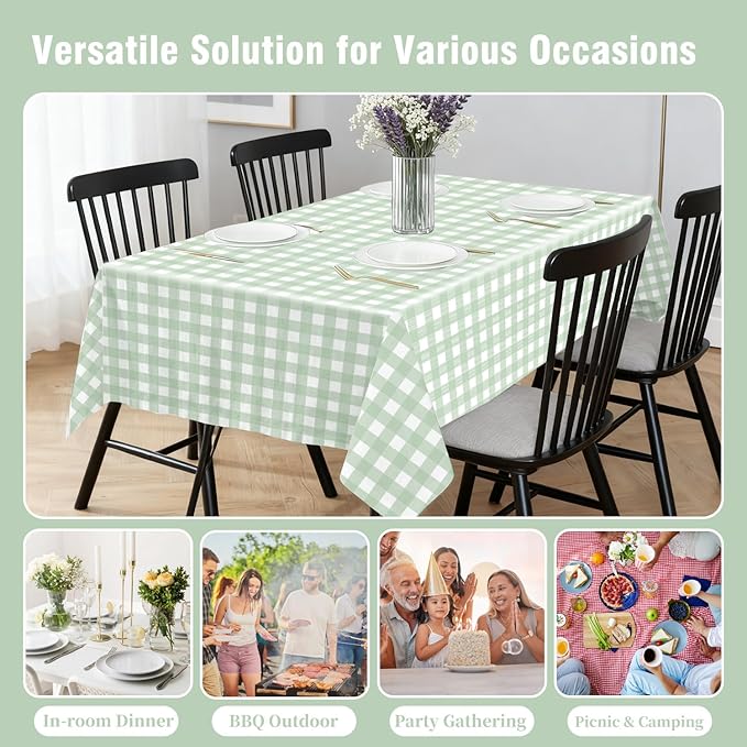 Oigco 3 Pack Sage Green Gingham Tablecloth 54 x 108 Inches, Rectangle Disposable Sage Green Checkered Tablecloth, Picnic Table Cover for Outdoor, Camping, Birthday Decorations