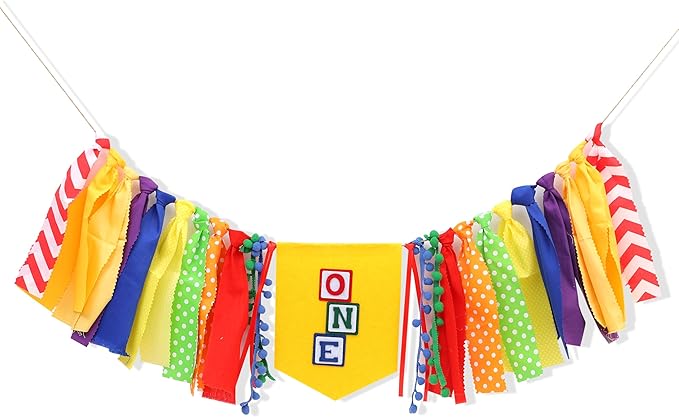 Letter Blocks One High Chair Banner - First Birthday Decorations, Nursery Rhyme Highchair Garland With Ribbon Fabric,1st Birthday Photo Props,Cake Smash Party Colorful Banner