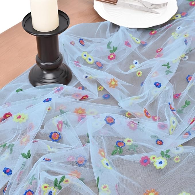 Joanlody 3pcs Blue Embroidery Daisy Spring Summer Table Runner Florals Seasonal Easter Tulle Table Runner Holiday Kitchen Dining Table Decoration Wedding Party
