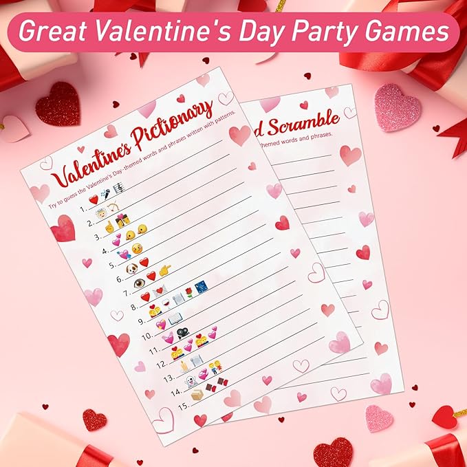 COCHIE 30 Players Valentine's Party Games for Adults Family Office Large Groups, Valentines Parties Words Pictionary Game, Phrases Guesstures Game, Word Scramble Games with Answer Key