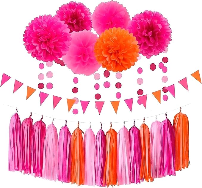 Hot Pink Orange and Pink Tassel Garland Banner - Handmade Paper Tassels for Party Decorations, Wedding Backdrop, DIY Craft Projects (30-Pack)