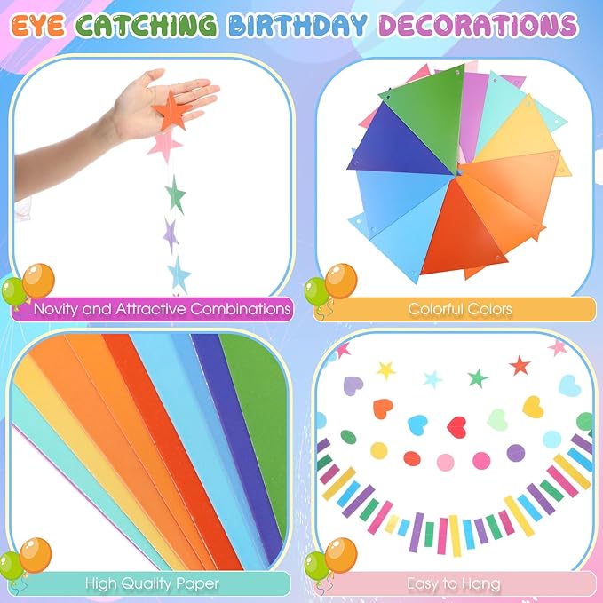 Tiamon 6 Pcs Rainbow Garland Banners Easter Tree Decoration Include Star Circle Dot Heart Rectangular Garland Colorful Pennant Banner Pre-Strung Hanging Banner for Birthday Classroom Party Decor
