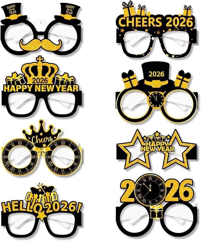 Happy 2026 New Years Glasses - Pack of 8, New Years Eve Party Supplies 2026, New Year Photo Booth Props (Black Gold)