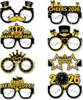 Happy 2026 New Years Glasses - Pack of 8, New Years Eve Party Supplies 2026, New Year Photo Booth Props (Black Gold)