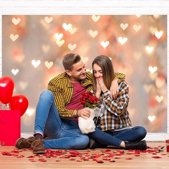 Romantic Anniversary Backdrop Banner 7x5ft Gold Heart Light Decorations for Couples Date Night Wedding Engagement Birthday Party Photo Booth Background (82x59inch)
